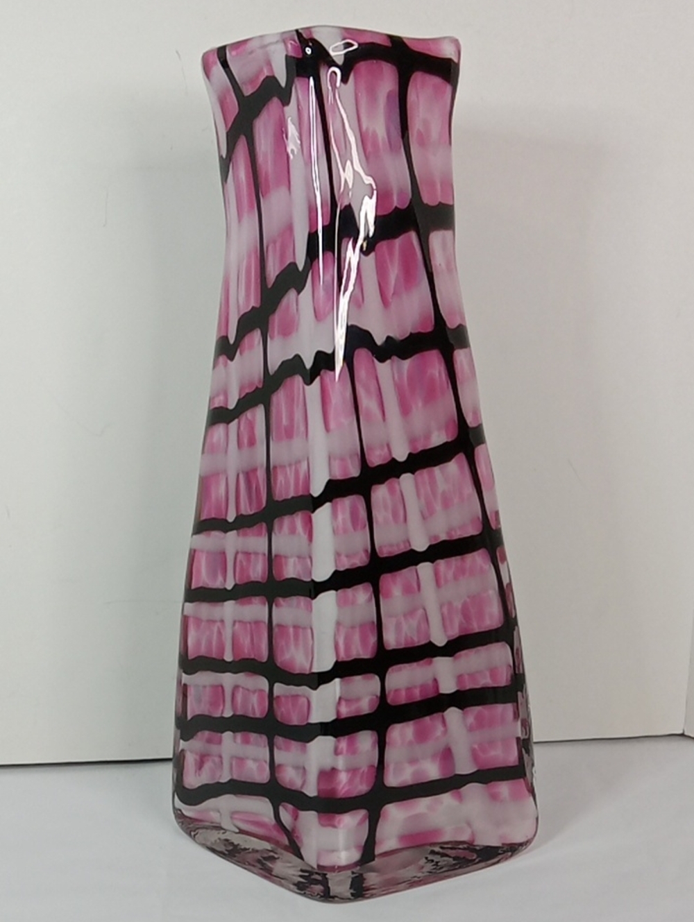 Handblown Large Stylish Pink BLack White Patterned Grid Print Glass Vase Whimsy